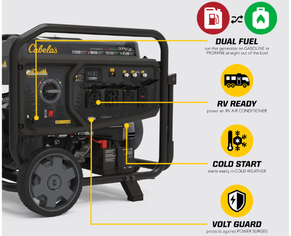 Rent the Powerful Cabela's Outdoorsman Series Dual-Fuel Portable Generator for Your Power Needs | Reserve Now!